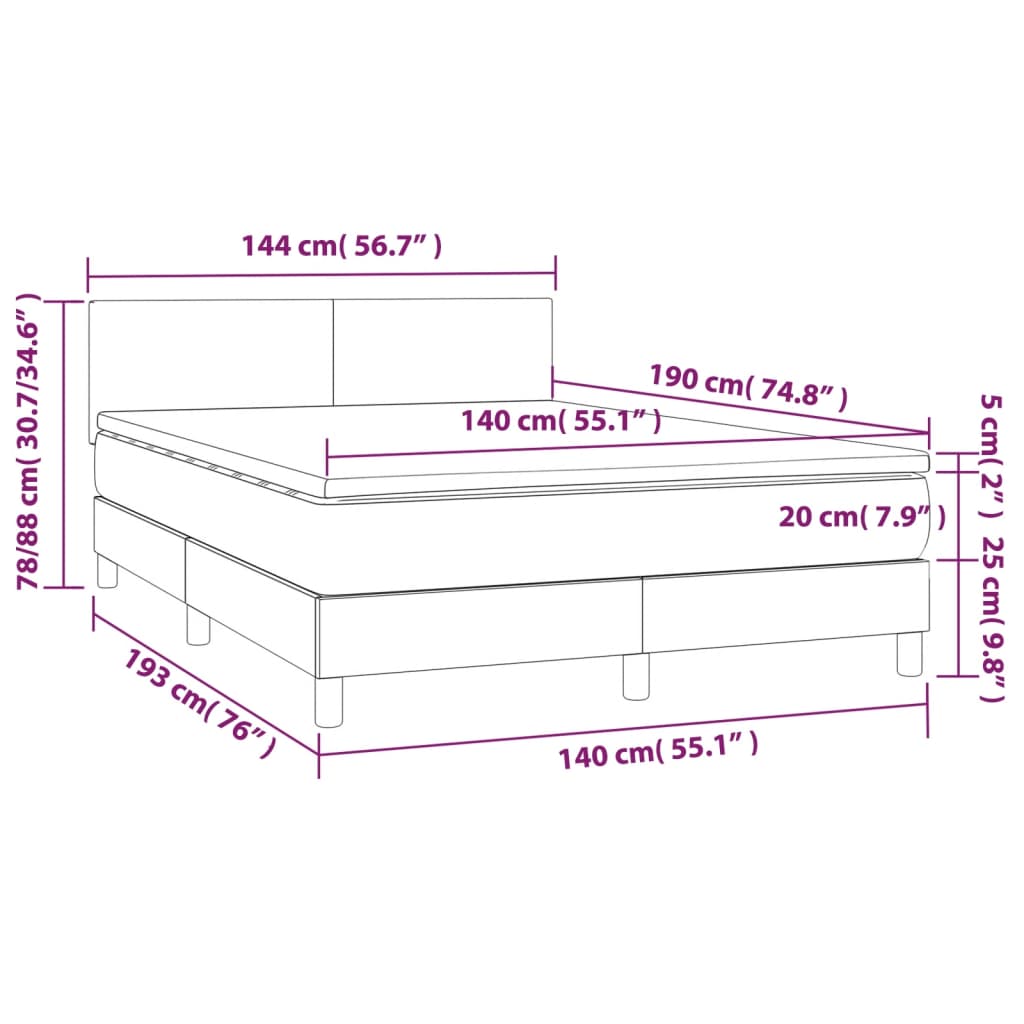 Cama box spring c/ colchão/LED 140x190 cm veludo preto