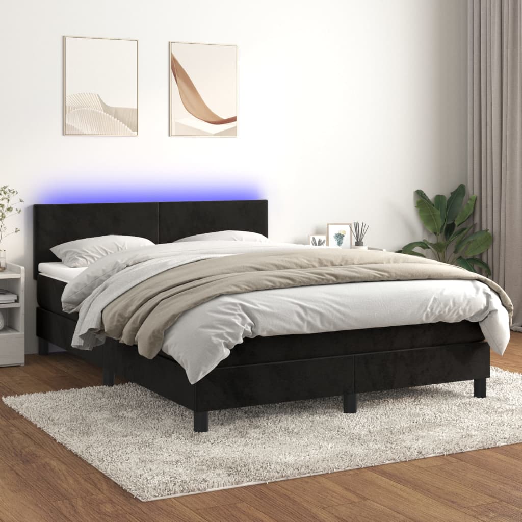 Cama box spring c/ colchão/LED 140x190 cm veludo preto