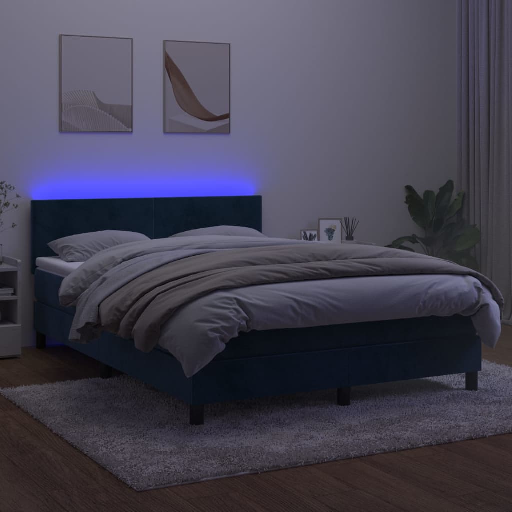 Cama box spring c/ colchão/LED 140x190 cm veludo azul-escuro