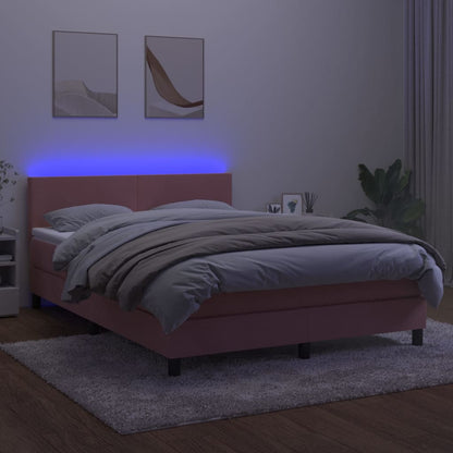 Cama box spring c/ colchão/LED 140x190 cm veludo rosa