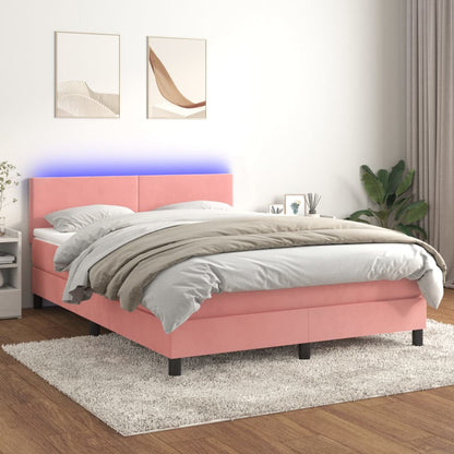 Cama box spring c/ colchão/LED 140x190 cm veludo rosa