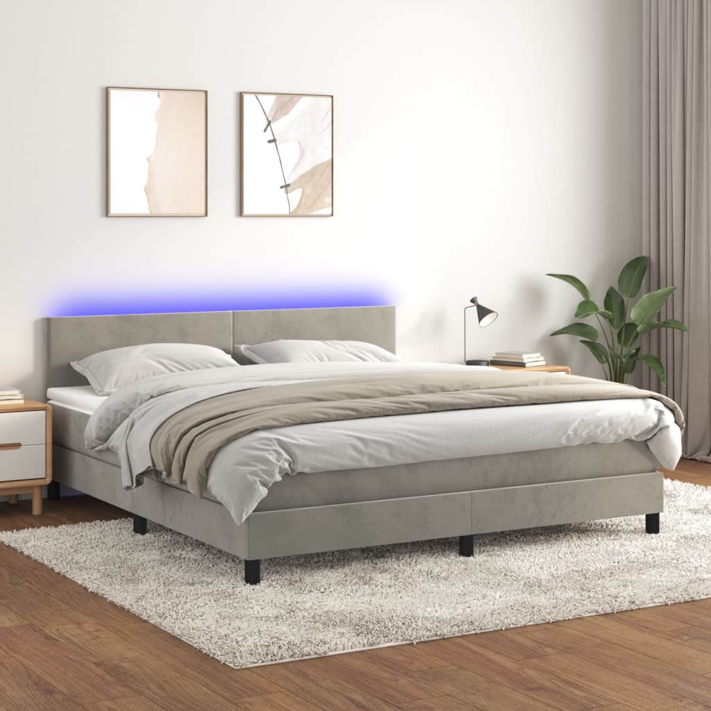 Cama box spring c/ colchão/LED 180x200 cm veludo cinzento-claro