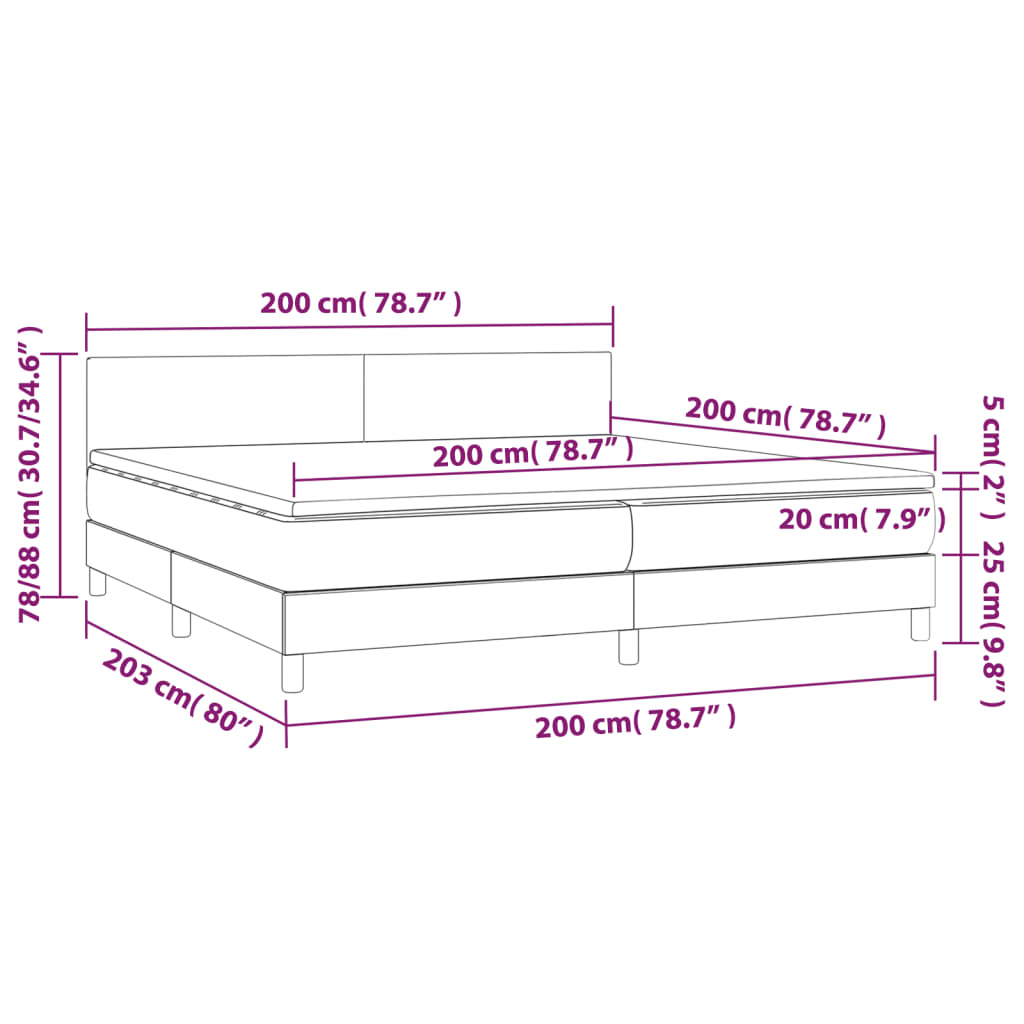 Cama box spring c/ colchão/LED 200x200cm veludo cinzento-escuro