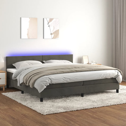 Cama box spring c/ colchão/LED 200x200cm veludo cinzento-escuro