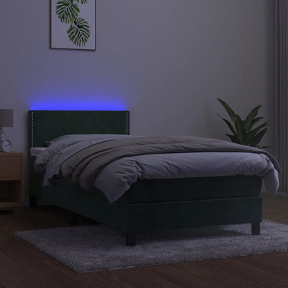 Cama box spring c/ colchão/LED 80x200 cm veludo verde-escuro