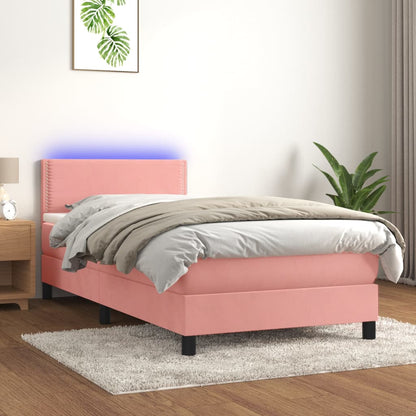 Cama box spring c/ colchão/LED 100x200 cm veludo rosa