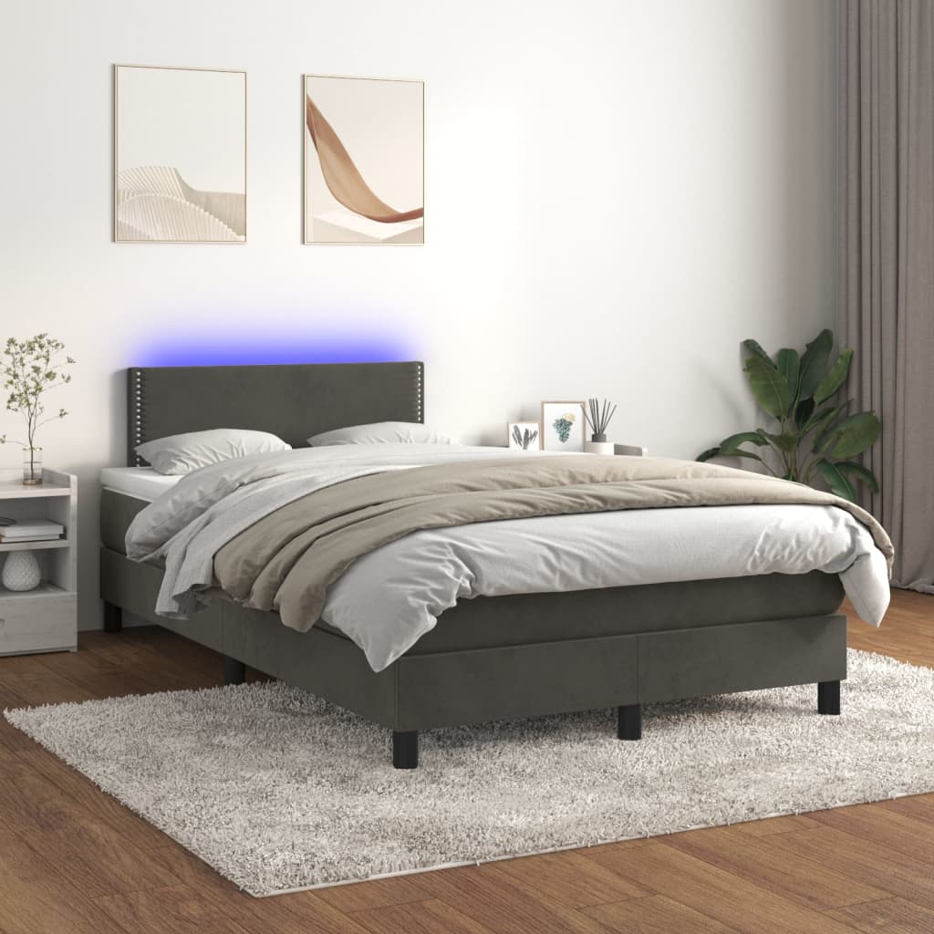 Cama box spring c/ colchão/LED 120x200cm veludo cinzento-escuro