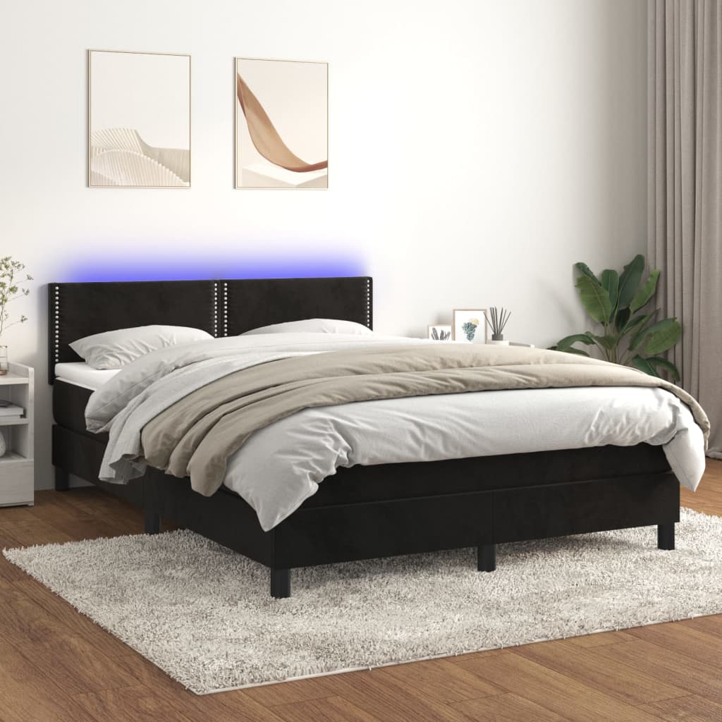 Cama box spring c/ colchão/LED 140x190 cm veludo preto