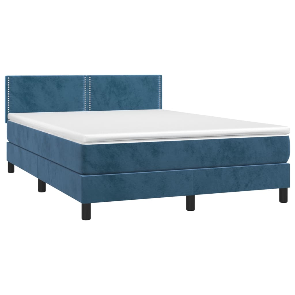 Cama box spring c/ colchão/LED 140x190 cm veludo azul-escuro