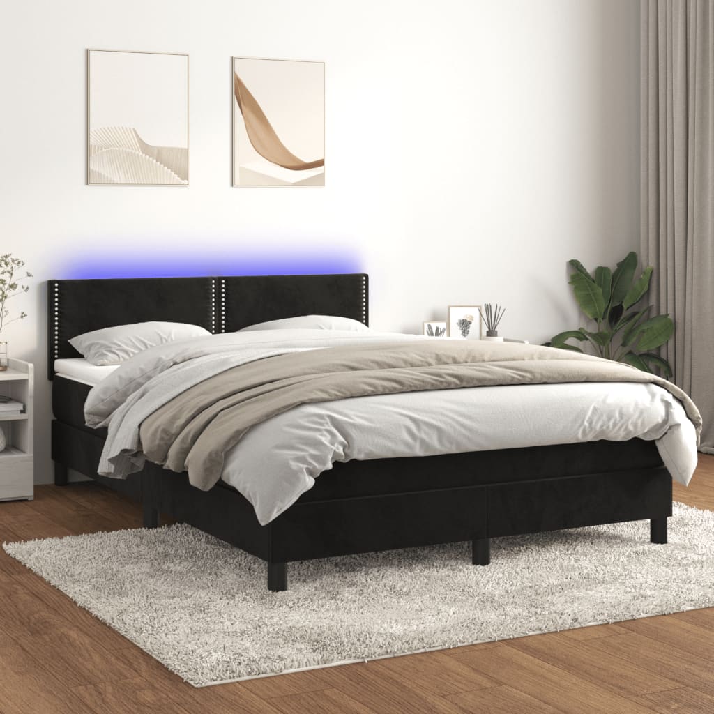 Cama box spring c/ colchão/LED 140x200 cm veludo preto