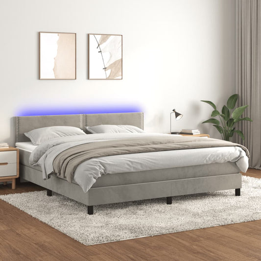 Cama box spring c/ colchão/LED 180x200 cm veludo cinzento-claro