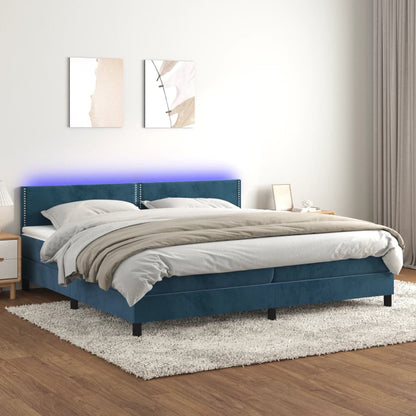 Cama box spring c/ colchão/LED 200x200 cm veludo azul-escuro