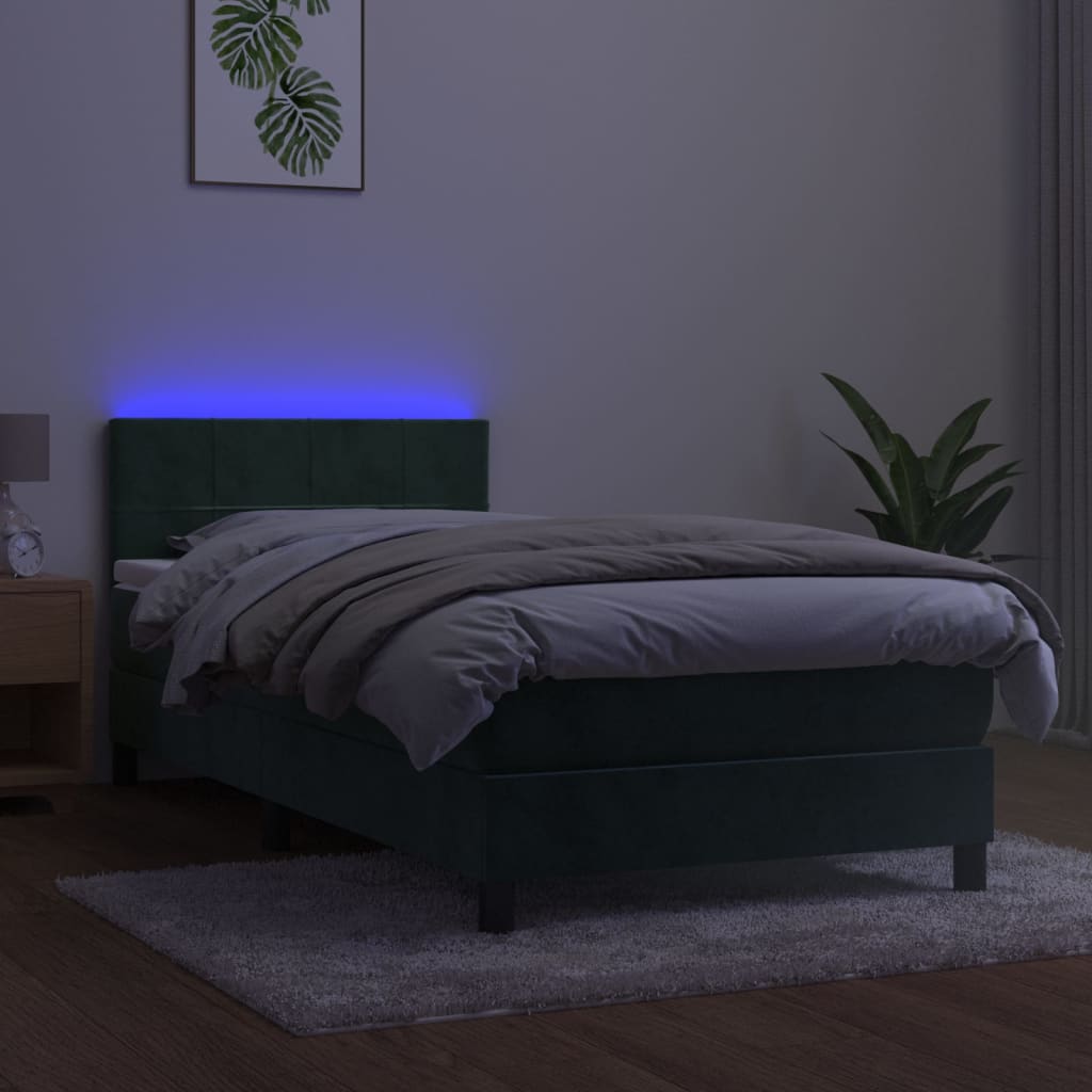 Cama box spring c/ colchão/LED 90x190 cm veludo verde-escuro