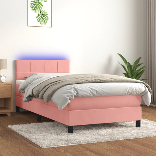 Cama box spring c/ colchão/LED 90x190 cm veludo rosa