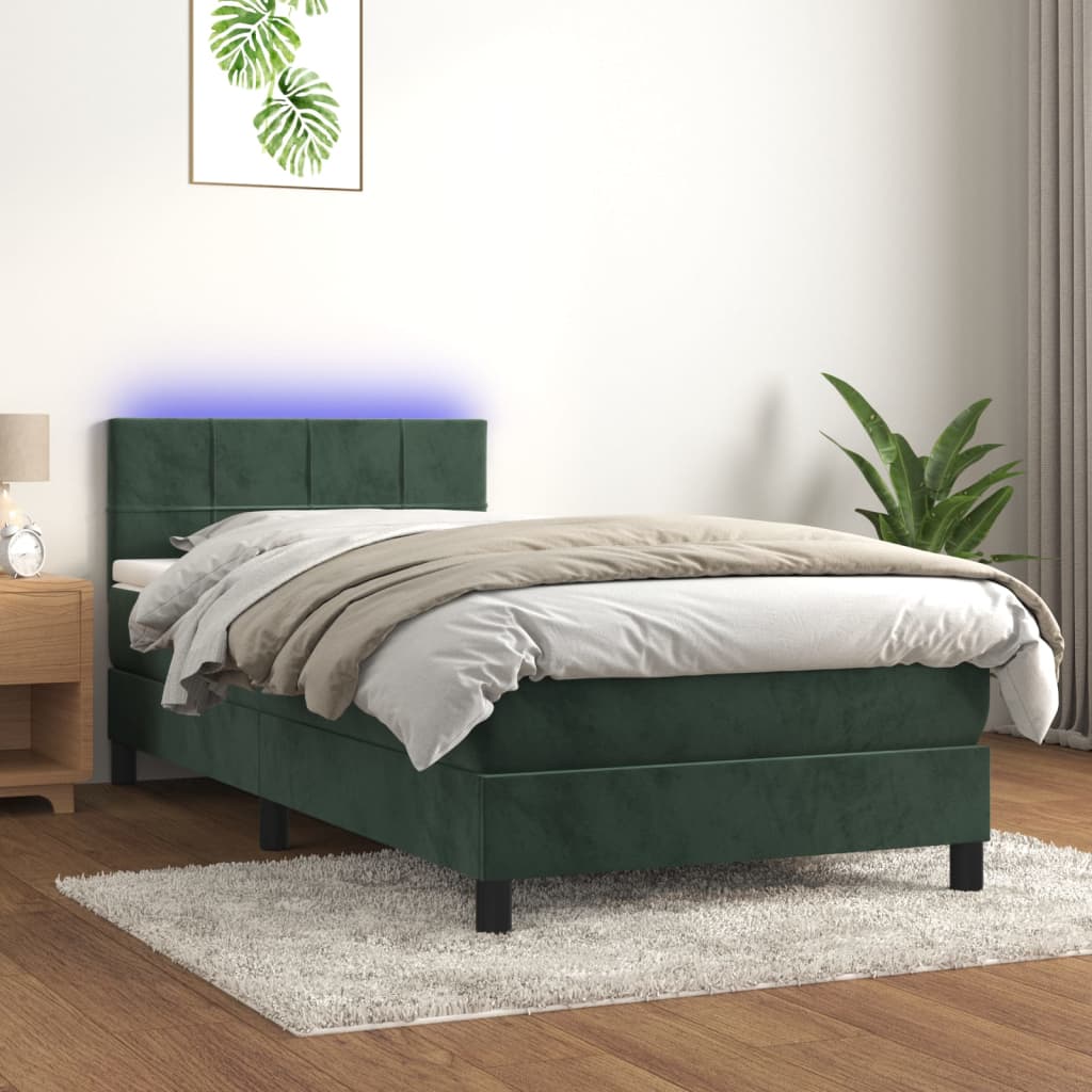 Cama box spring c/ colchão/LED 90x200 cm veludo verde-escuro