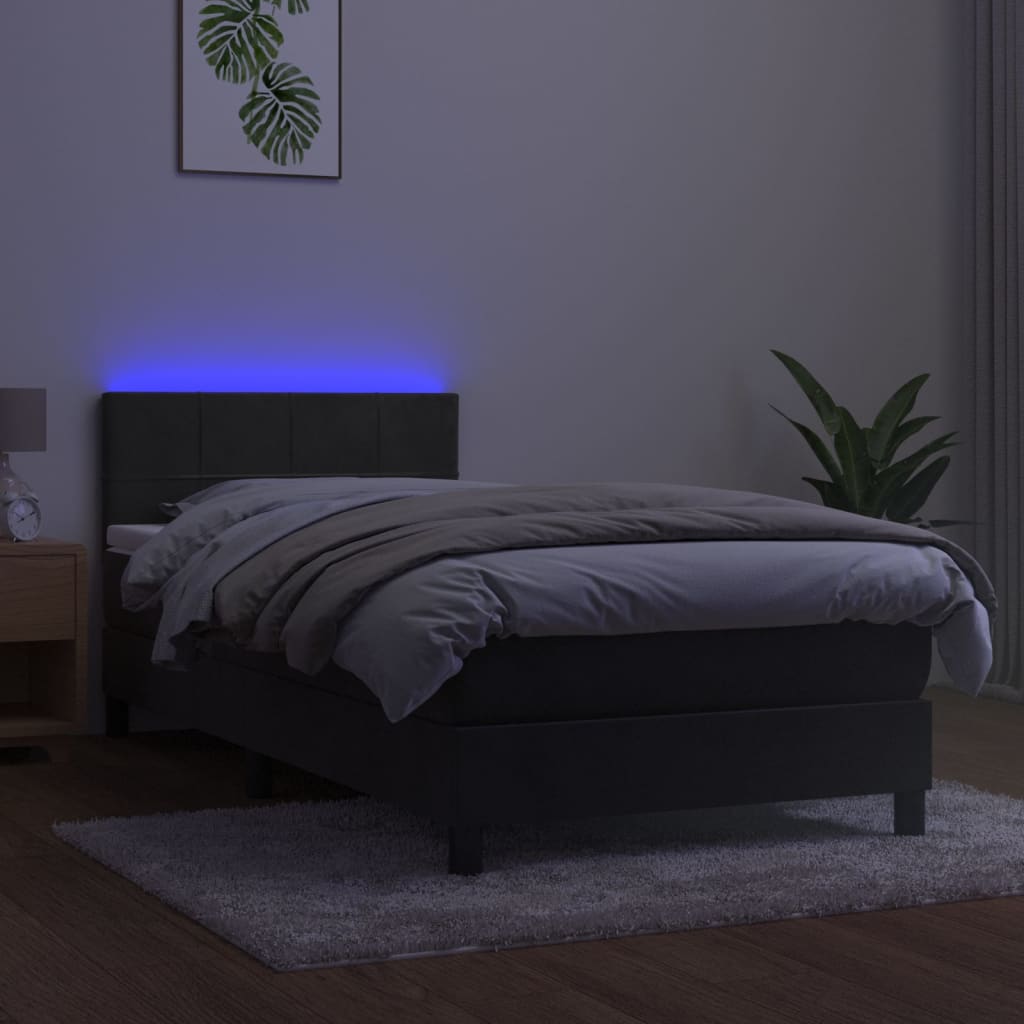 Cama box spring c/ colchão/LED 100x200cm veludo cinzento-escuro