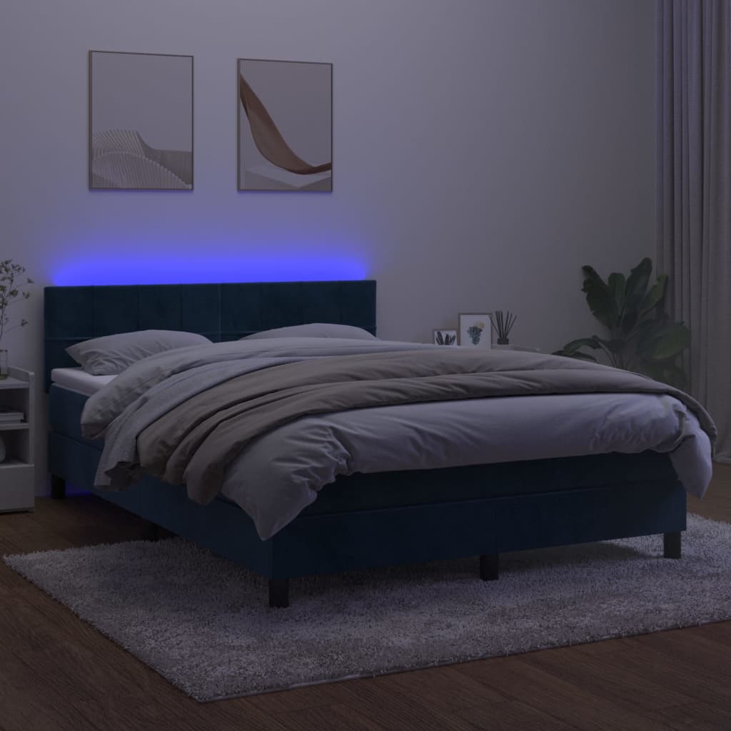 Cama box spring c/ colchão/LED 140x190 cm veludo azul-escuro