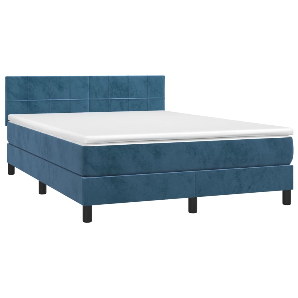 Cama box spring c/ colchão/LED 140x190 cm veludo azul-escuro