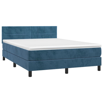 Cama box spring c/ colchão/LED 140x190 cm veludo azul-escuro