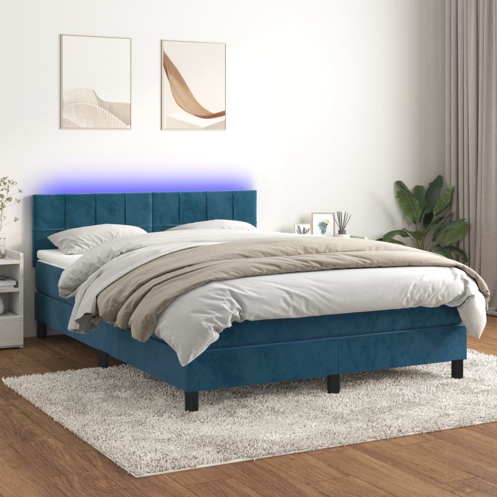 Cama box spring c/ colchão/LED 140x190 cm veludo azul-escuro