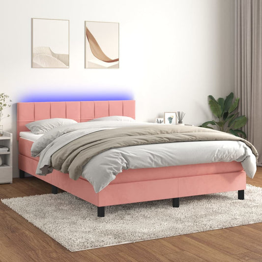 Cama box spring c/ colchão/LED 140x190 cm veludo rosa