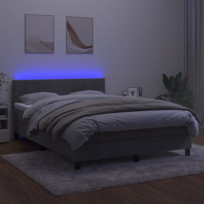 Cama box spring c/ colchão/LED 140x200 cm veludo cinzento-claro