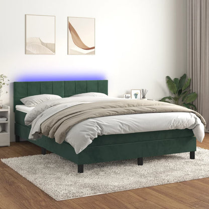 Cama box spring c/ colchão/LED 140x200 cm veludo verde-escuro