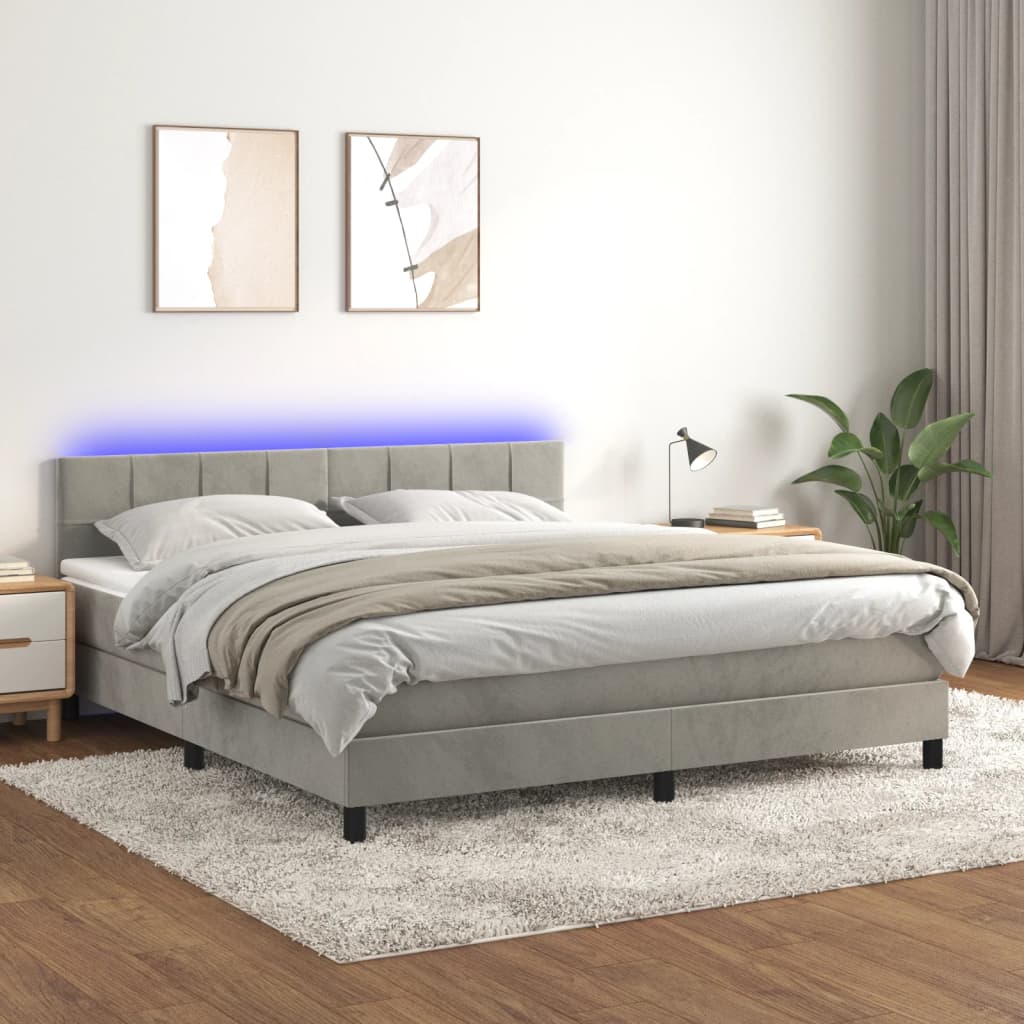 Cama box spring c/ colchão/LED 160x200 cm veludo cinzento-claro