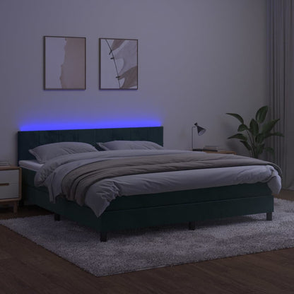 Cama box spring c/ colchão/LED 180x200 cm veludo verde-escuro