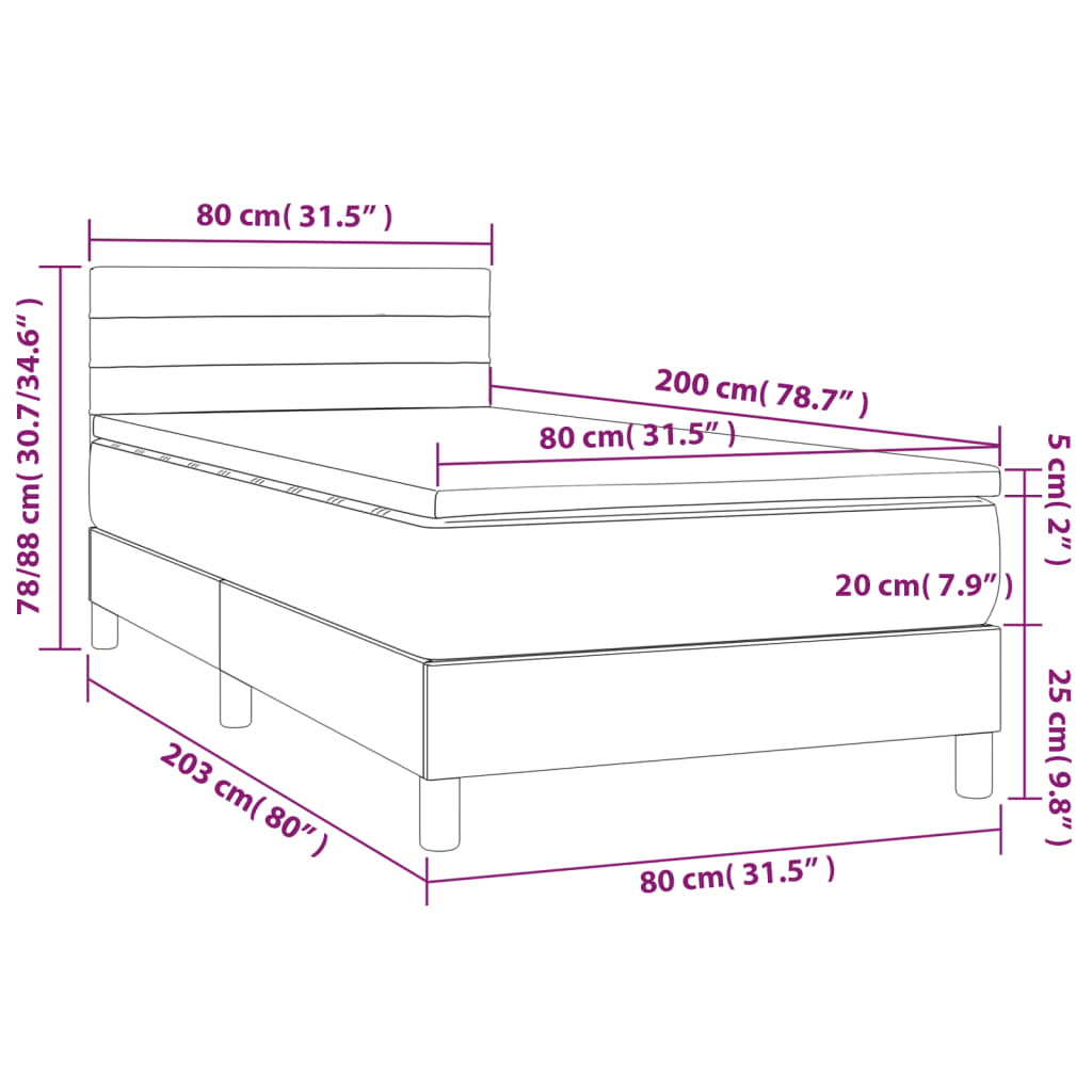 Cama box spring c/ colchão/LED 80x200 cm veludo verde-escuro