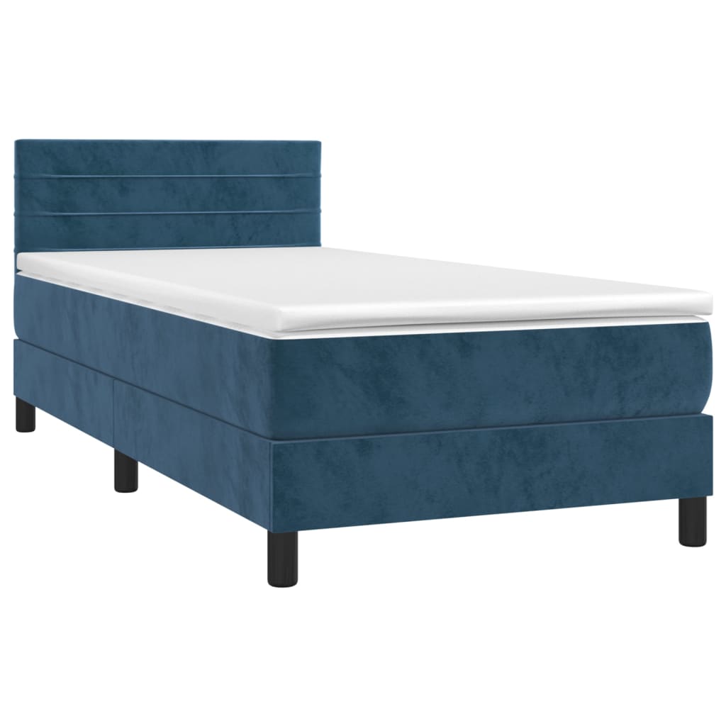 Cama box spring c/ colchão/LED 90x190 cm veludo azul-escuro