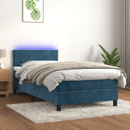 Cama box spring c/ colchão/LED 90x190 cm veludo azul-escuro