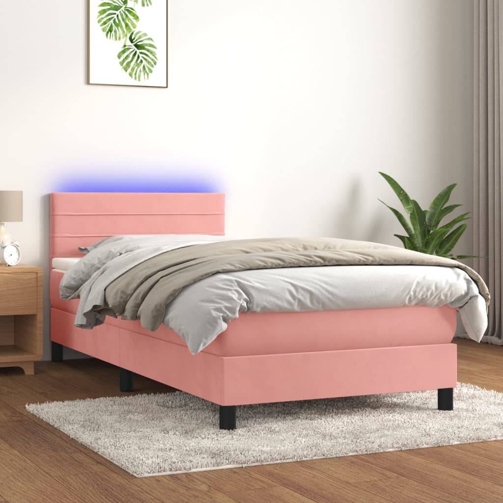 Cama box spring c/ colchão/LED 90x190 cm veludo rosa