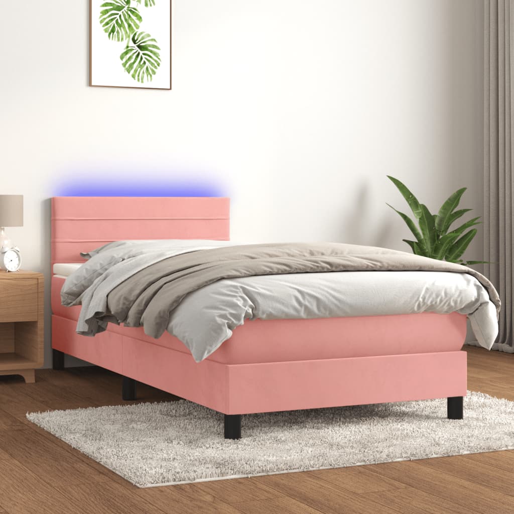 Cama box spring c/ colchão/LED 90x200 cm veludo rosa