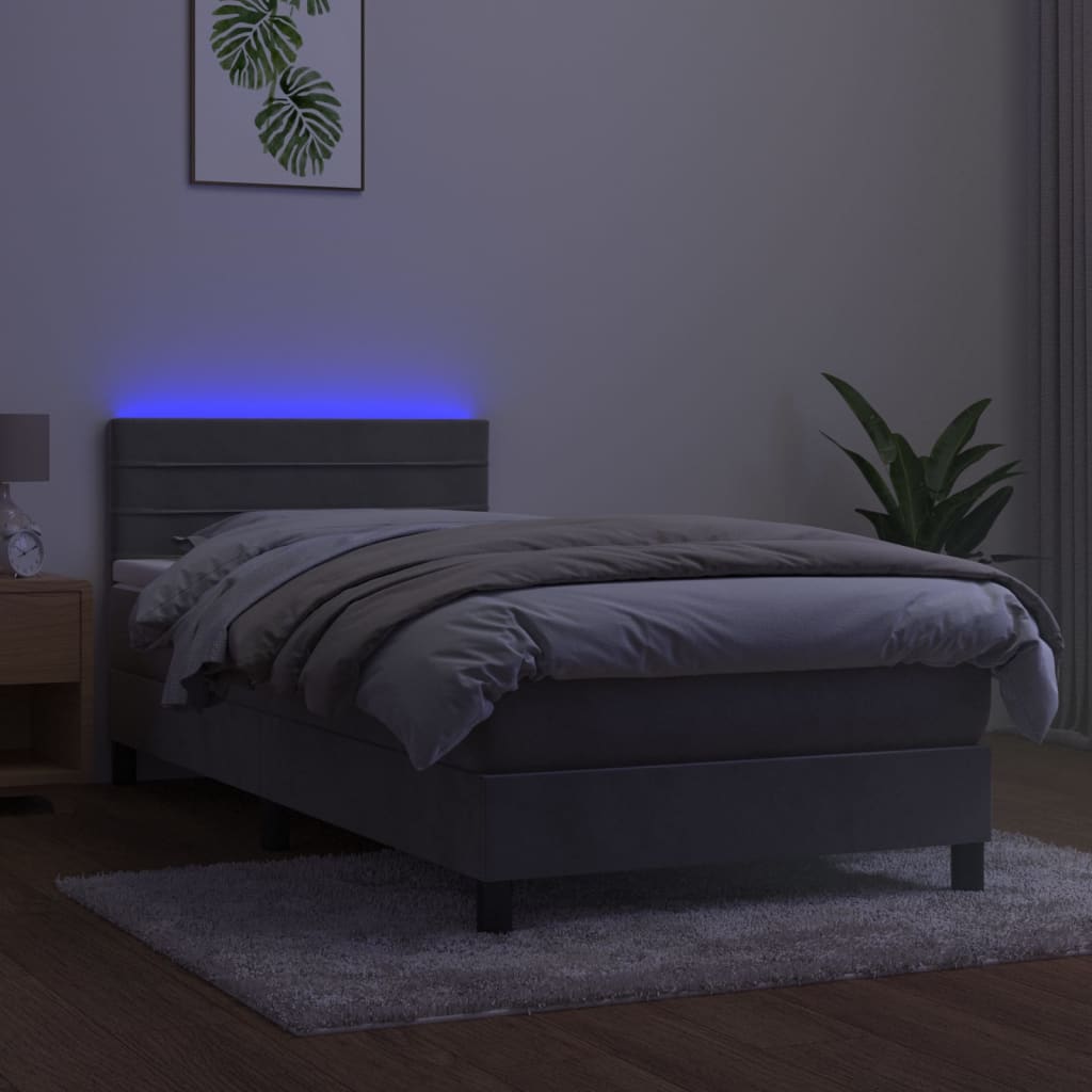 Cama box spring c/ colchão/LED 100x200 cm veludo cinzento-claro