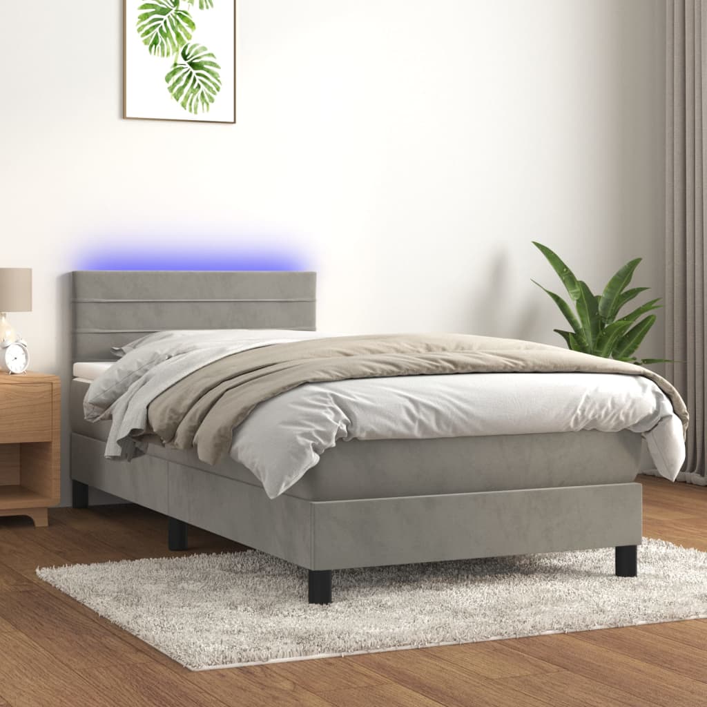 Cama box spring c/ colchão/LED 100x200 cm veludo cinzento-claro