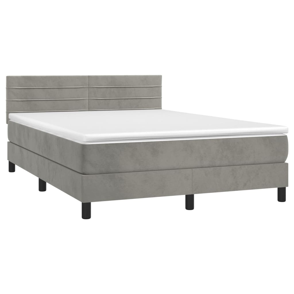 Cama box spring c/ colchão/LED 140x190 cm veludo cinzento