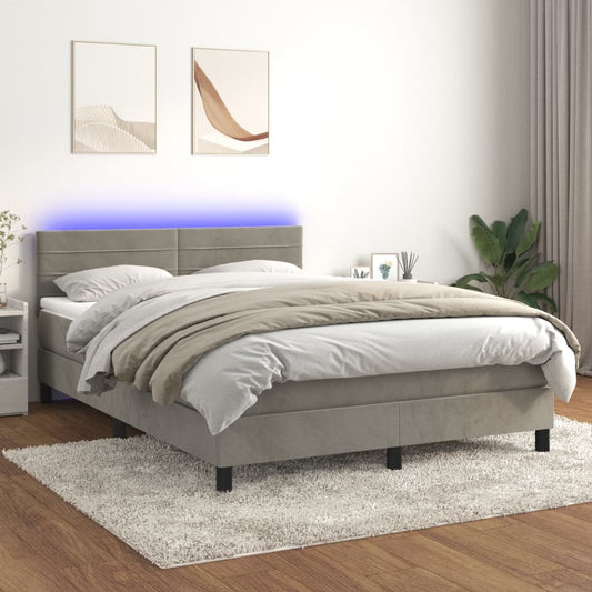 Cama box spring c/ colchão/LED 140x190 cm veludo cinzento