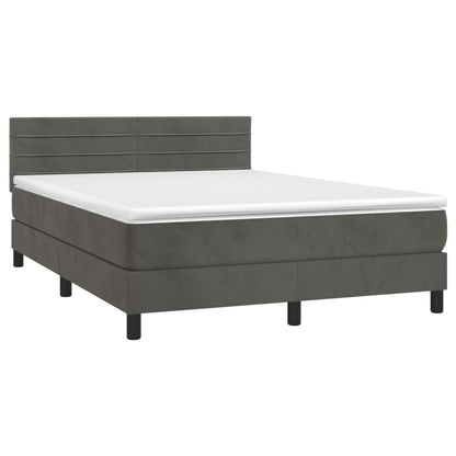 Cama box spring c/ colchão/LED 140x190cm veludo cinzento-escuro