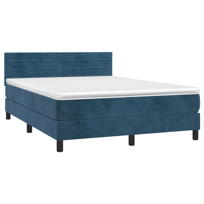 Cama box spring c/ colchão/LED 140x190 cm veludo azul-escuro