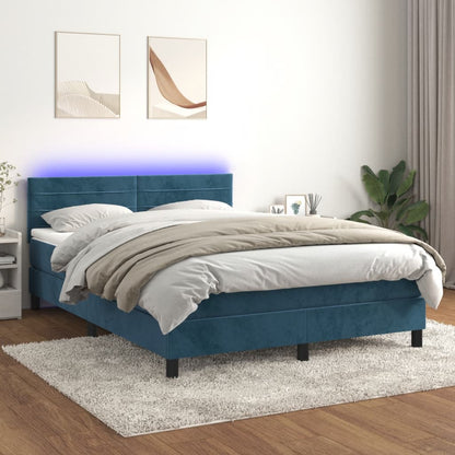 Cama box spring c/ colchão/LED 140x190 cm veludo azul-escuro