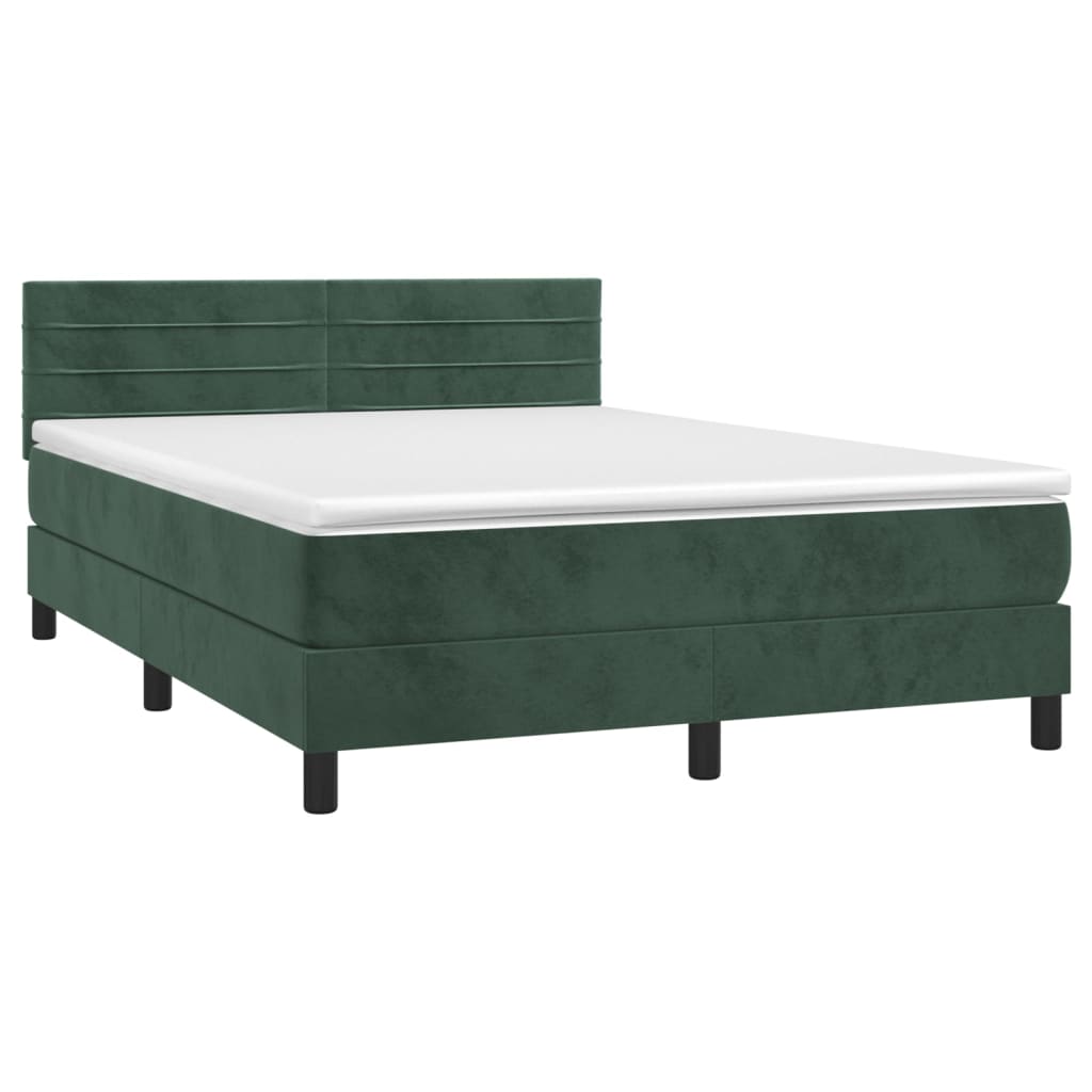 Cama box spring c/ colchão/LED 140x200 cm veludo verde-escuro