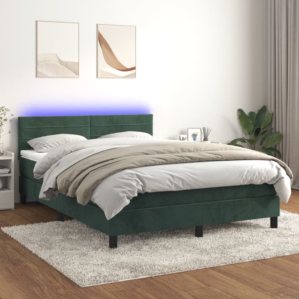 Cama box spring c/ colchão/LED 140x200 cm veludo verde-escuro