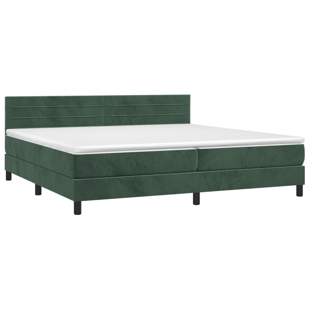 Cama box spring c/ colchão/LED 200x200 cm veludo verde-escuro