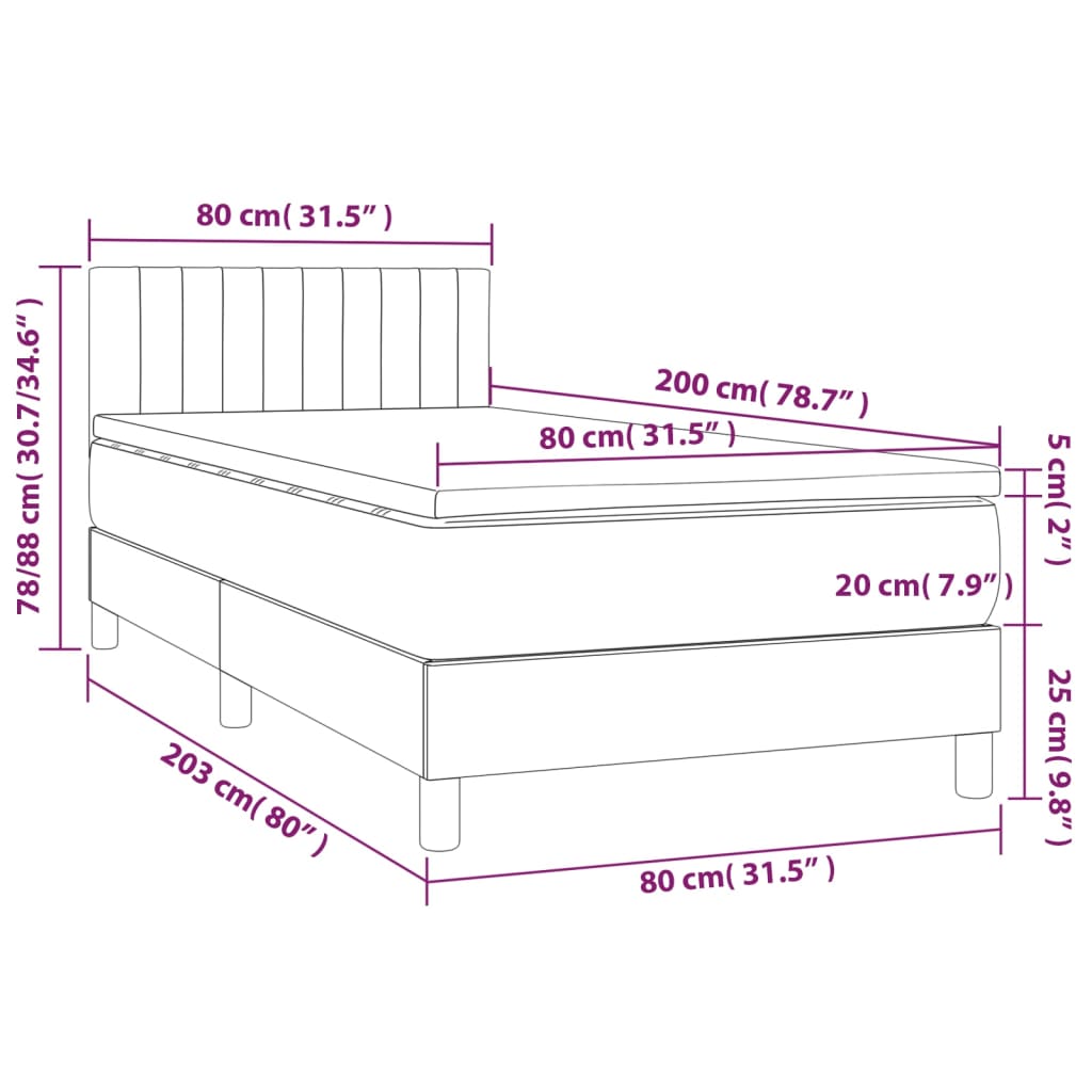 Cama box spring c/ colchão/LED 80x200 cm veludo cinzento-claro