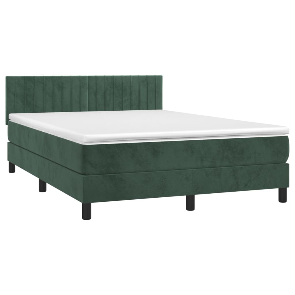 Cama box spring c/ colchão/LED 140x190 cm veludo verde-escuro