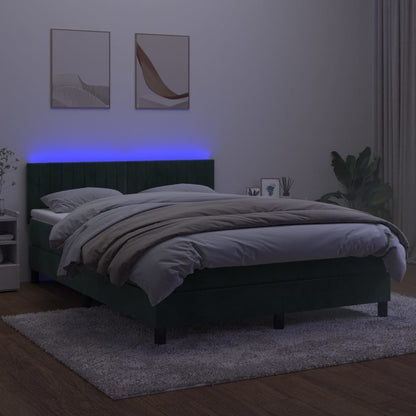 Cama box spring c/ colchão/LED 140x190 cm veludo verde-escuro