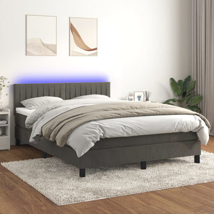 Cama box spring c/ colchão/LED 140x200cm veludo cinzento-escuro