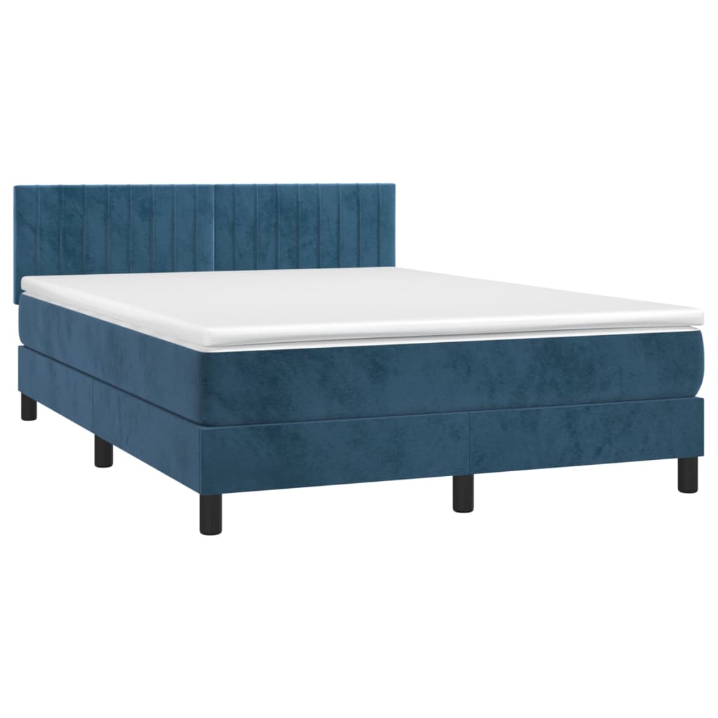 Cama box spring c/ colchão/LED 140x200 cm veludo azul-escuro