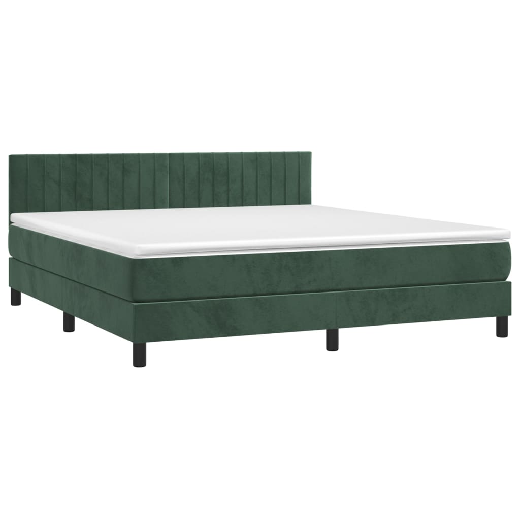 Cama box spring c/ colchão/LED 160x200 cm veludo verde-escuro